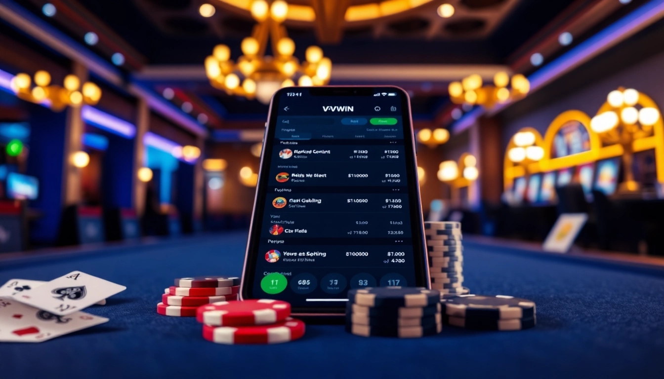 Engaging VVVWIN88 live casino experience showcasing mobile betting options and luxury ambiance.