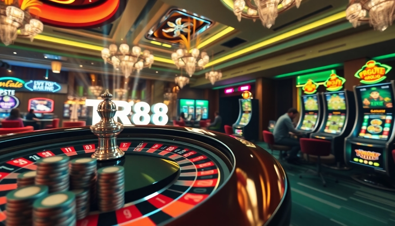 Experience the thrill of gambling at https://tr88.bio/ with luxury casino visuals showcasing poker chips and roulette.
