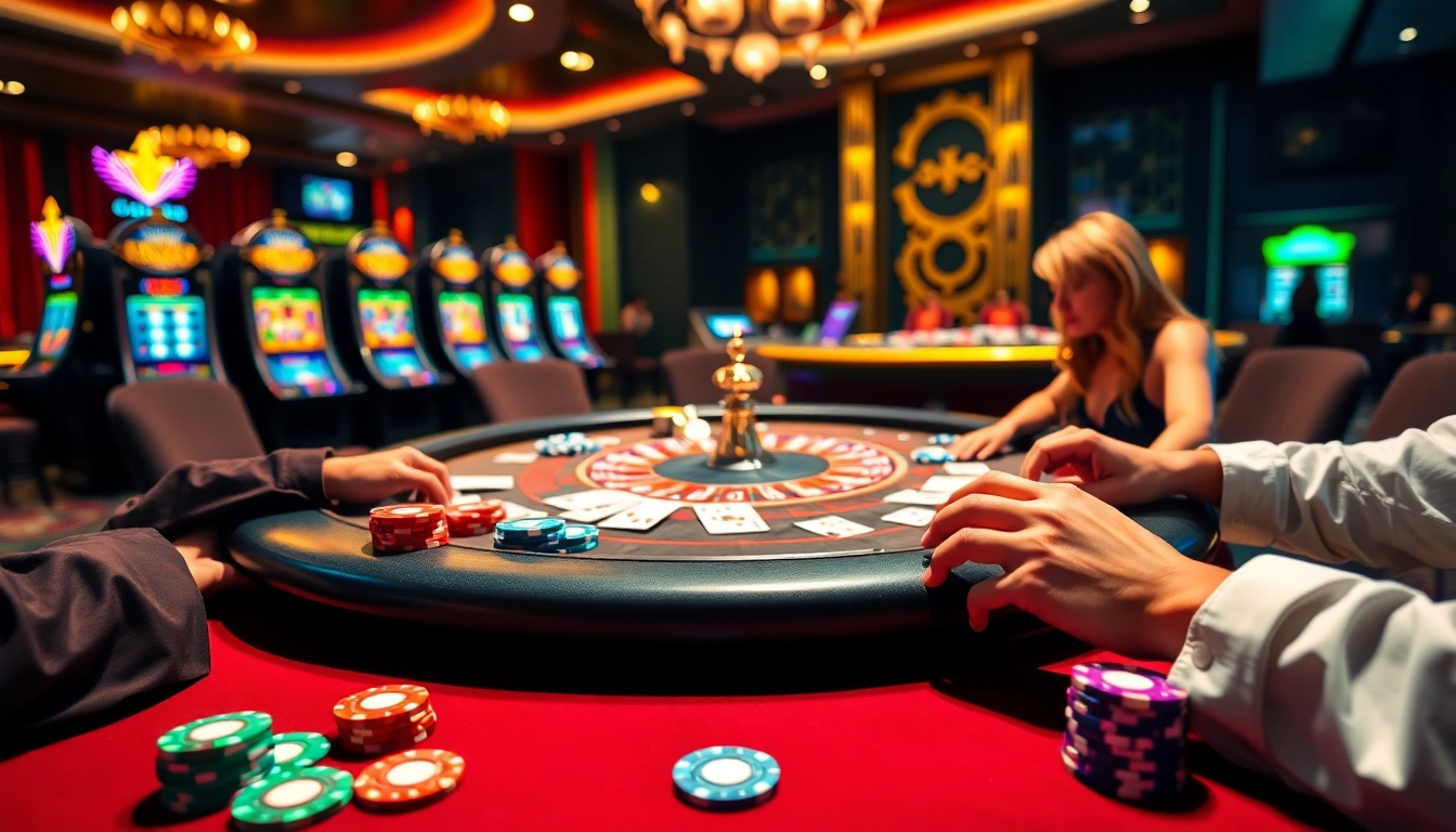 Players enjoying a high-stakes poker game at a luxurious casino, inspired by https://www.jun88.org/.