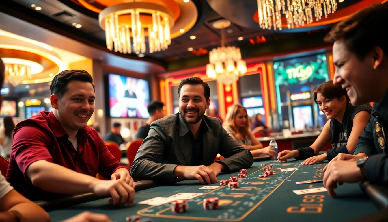 Experience vibrant gaming at tk88win.live with players enjoying poker in a luxurious casino setting.