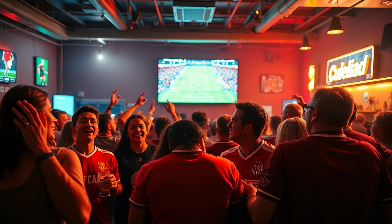 Exciting football fans enjoying live streaming at joemadfan.com in a vibrant sports bar atmosphere.