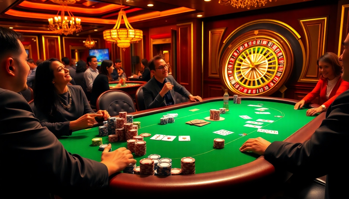 Players engaging in a lively poker game at a luxurious casino table related to Bí kíp NK88 strategies.